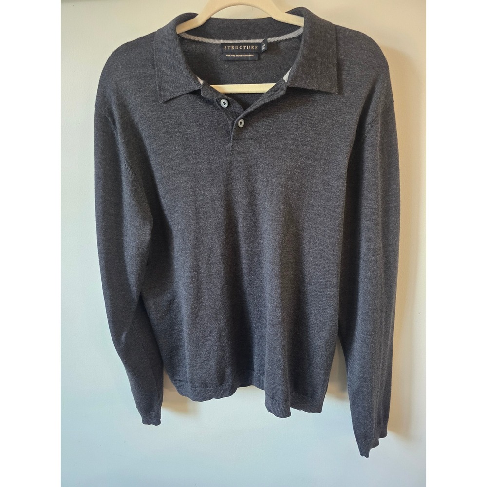 Structure Mens Charcoal Gray 100% Italian Merino Wool Polo Sweater Large